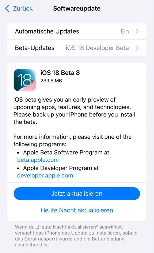 永丰苹果手机维修分享苹果 iOS / iPadOS 18 开发者预览版 Beta 8 发布 